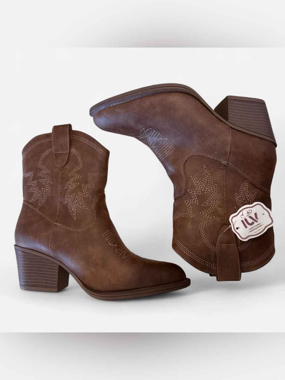 LUV Brown Faux Leather Western Block Heel Ankle Boots